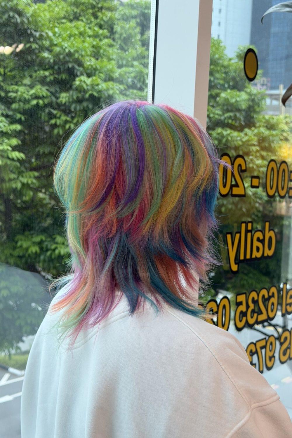 Rainbow bleach color with layered haircut at Colors Japanese Hair Salon Singapore using HOYU SOMARCA Labo gel color