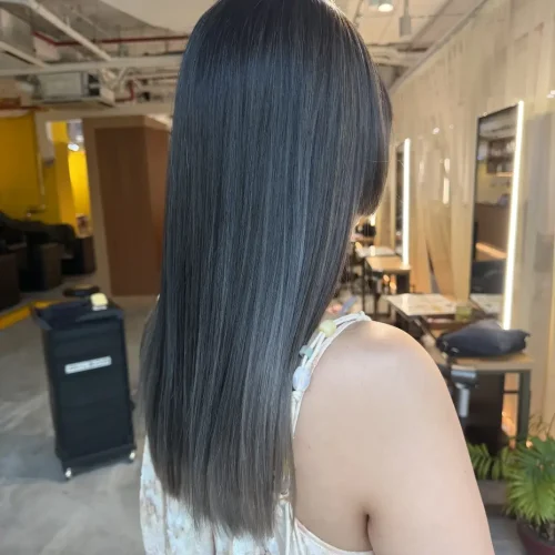 Singapore AirTouch Balayage transforming warm red hair into a cool silver gradient with Plex Bleach and Hime Bangs by Japanese Colorist Ura.