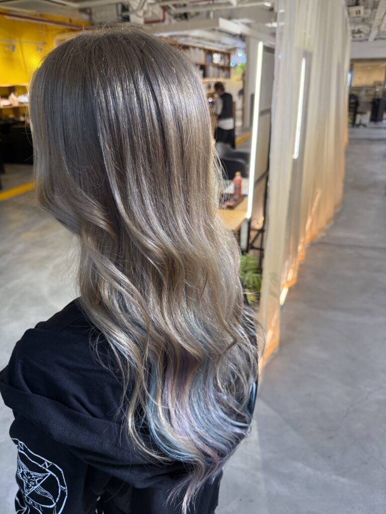 Blue & Purple Inner Color on Long Layered Hair | Japanese Hair Salon Singapore 1 Blue and purple inner color on long layered hair at Colors Japanese Hair Salon Singapore near Clarke Quay, Chinatown and Havelock Road, designed by Stylist Satsuki and Colorist Ura