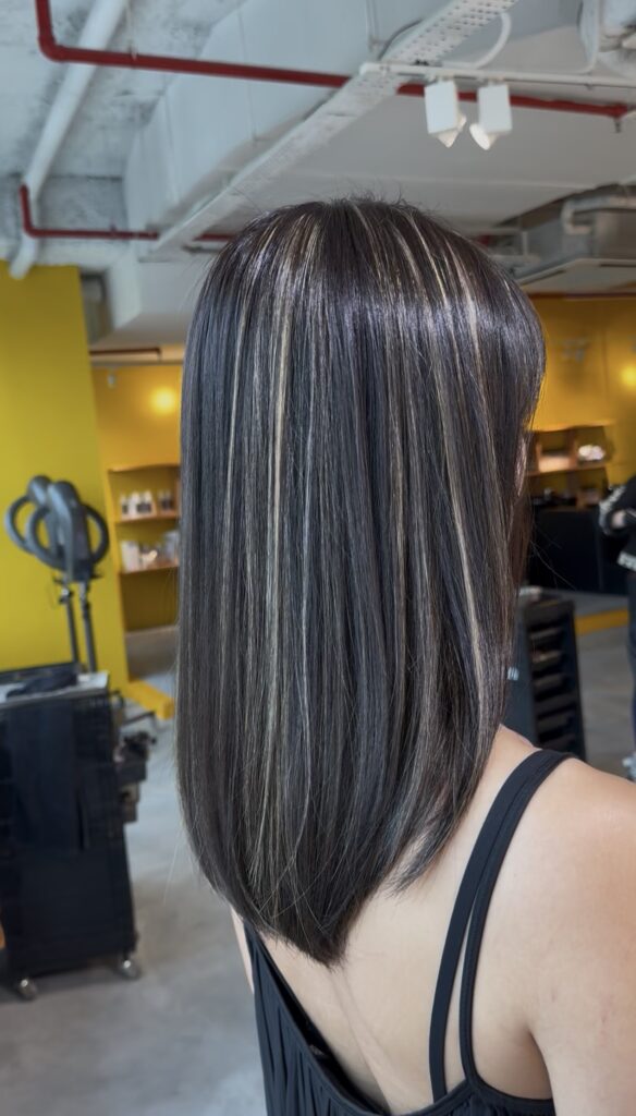 Highlight design by Colorist Ura at Colors Japanese Hair Salon Singapore, featuring Japanese foil work, tone correction and grey blending.