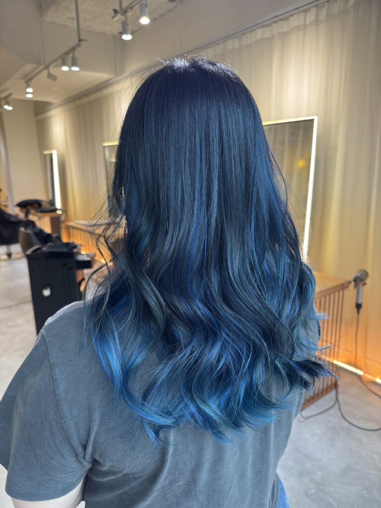 Blue Airtouch hair color by Japanese hair salon in Singapore near Clarke Quay and Chinatown