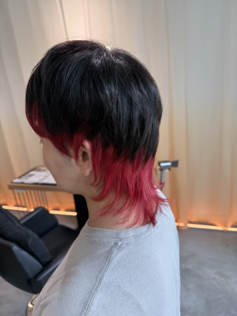 CNY wolf cut with red inner color at Colors Japanese Hair Salon Singapore near Clarke Quay MRT Chinatown Havelock Road, Japanese wolf haircut, inner color design, bold red inner hair, styled by Satsuki colored by Ura