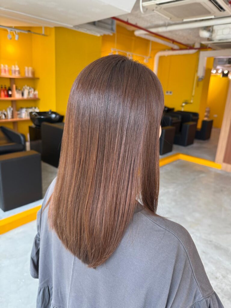 Natural light brown hair color without bleach with medium haircut at Colors Japanese Hair Salon Singapore near Clarke Quay creating soft shine and smooth silhouette