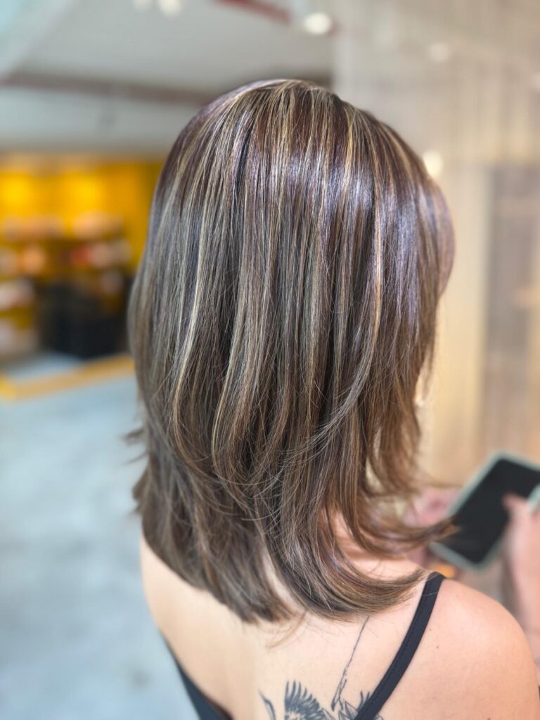 Light brown highlights medium layered haircut Singapore bleach highlights at Colors Japanese Hair Salon Singapore near Clarke Quay MRT Chinatown