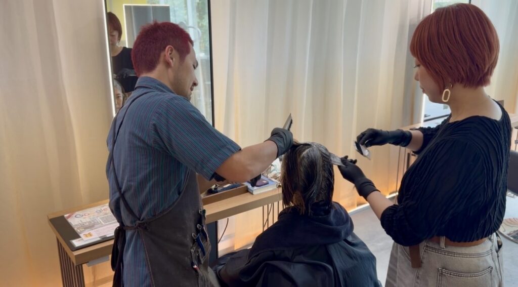 High-Precision Team Color Work for Grey Blending & Plex Color in Singapore 1 Colors Japanese Hair Salon Singapore team performing high-precision grey blending and plex color application, Japanese hair salon near Clarke Quay Singapore