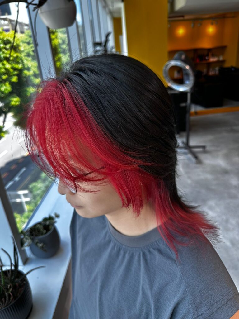 Face Line Bleach Red Money-Piece Color on Medium Wolf | Japanese Hair Salon Singapore 1 Face line bleach with vivid red many-piece color on a medium wolf cut at Colors Japanese Hair Salon Singapore, bold point color design
