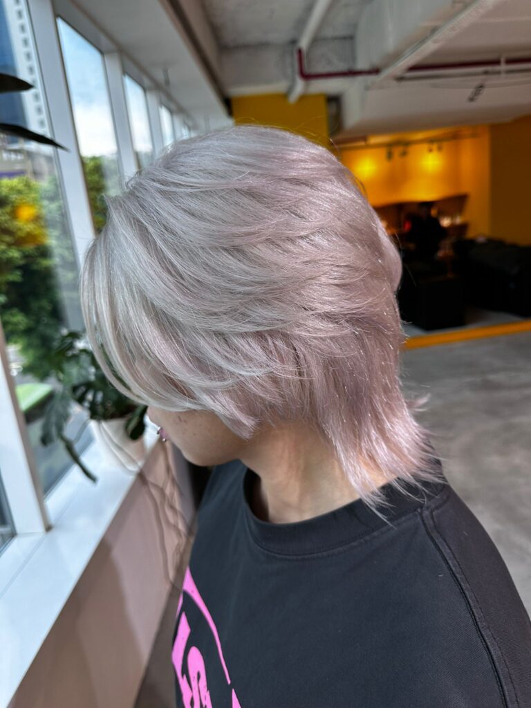 Short wolf cut with high layers in silver ash at Colors Japanese Hair Salon Singapore, double bleach option based on hair condition for clean tone