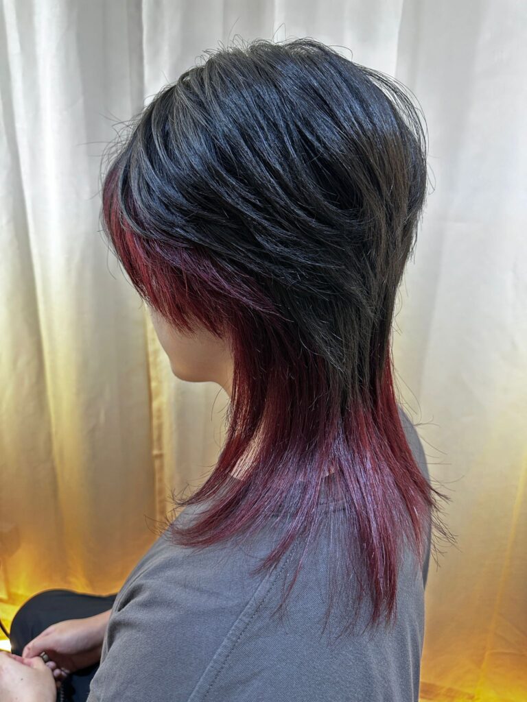 Inner Bleach Dark Purple Wolf Cut | Japanese Hair Salon Singapore 1 Inner bleach dark purple wolf cut at Colors Japanese Hair Salon Singapore near Clarke Quay, high layer sharp design color with hidden contrast