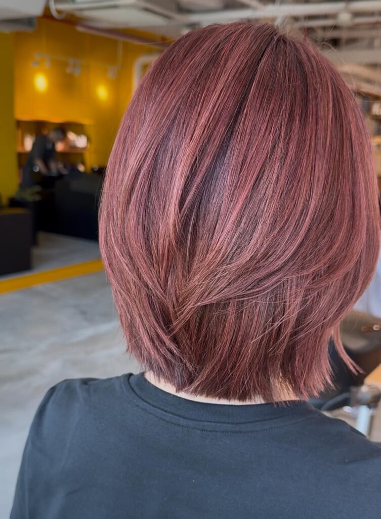 Pink grey blending highlights bob haircut Singapore soft rosy hair color at Colors Japanese Hair Salon Singapore near Clarke Quay MRT Chinatown