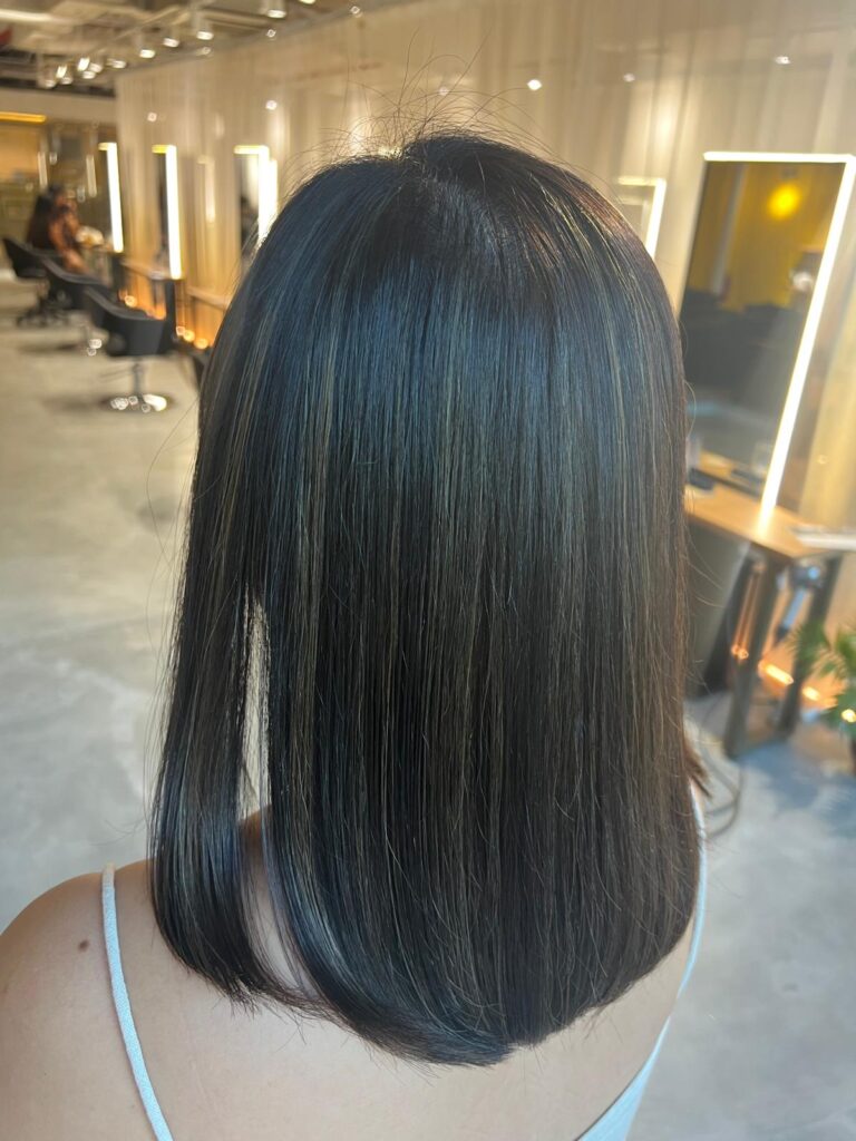 Long bob haircut Singapore with low-damage plex color by Colors Japanese Hair Salon Singapore near Clarke Quay Chinatown, sleek smooth finish for humid climate