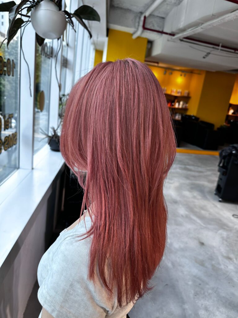 Pink orange bleach hair color long hair Japanese Hair Salon Singapore warm tone color plex bleach low damage Clarke Quay Chinatown