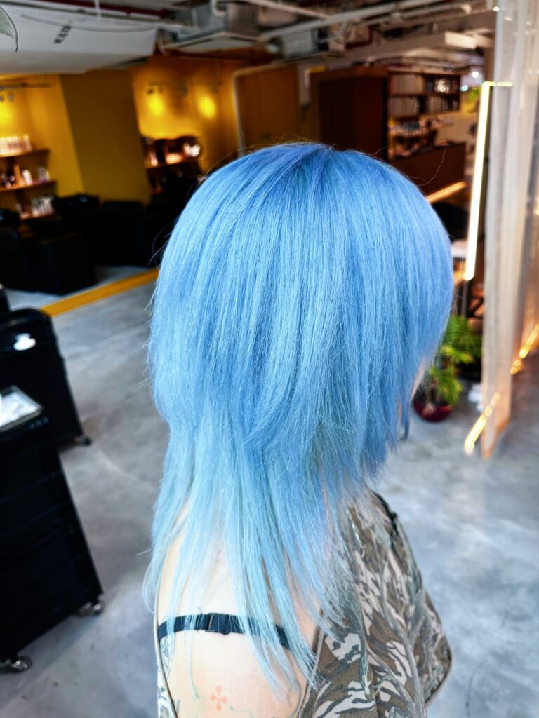 Pale Blue Hair Color | Japanese Hair Salon Singapore 1 Pale blue double bleach hair color with plex treatment by Creative Manager Issey at Colors Japanese Hair Salon Singapore near Clarke Quay Chinatown Singapore