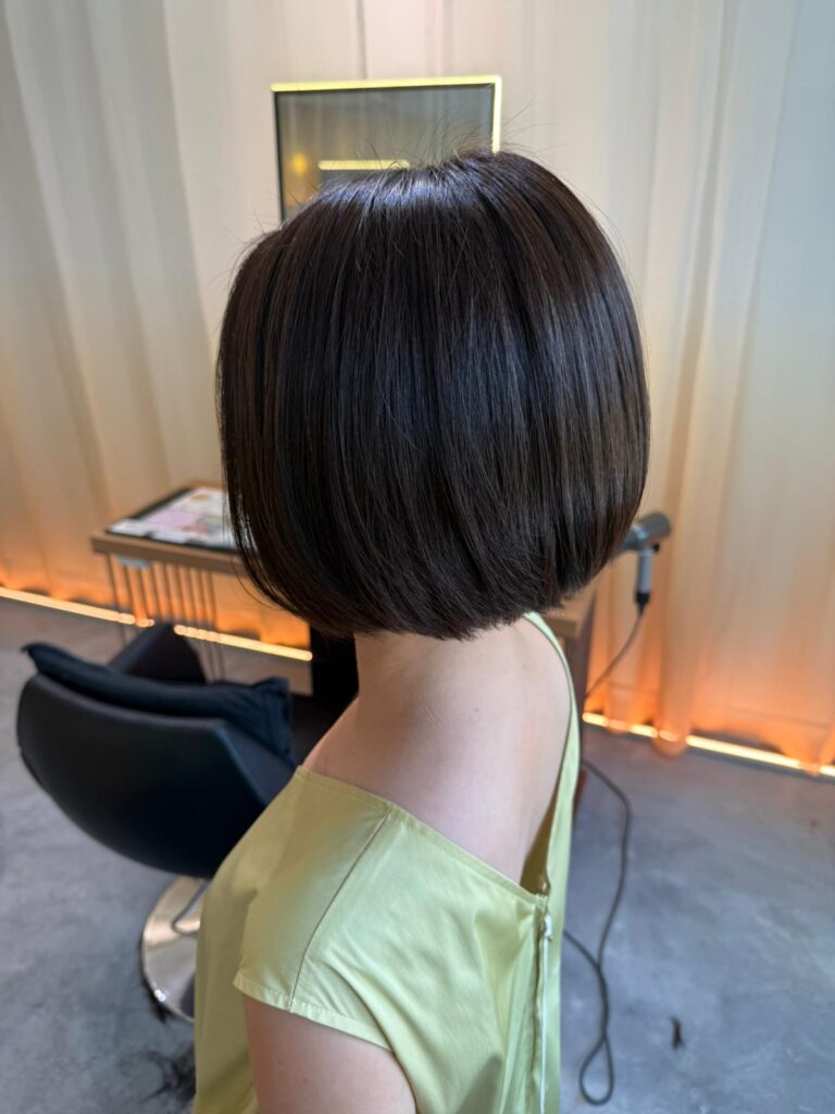 grey hair coverage warm brown bob Singapore Japanese hair salon bob haircut natural grey coverage warm brown color Clarke Quay Chinatown low damage plex color humid climate
