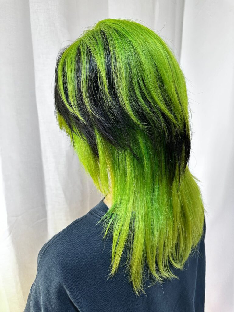 Lime Green Bleach Design Color | Japanese Hair Salon Singapore 1 Lime green bleach design hair color long hair Japanese Hair Salon Singapore vibrant green color plex bleach low damage Clarke Quay Chinatown