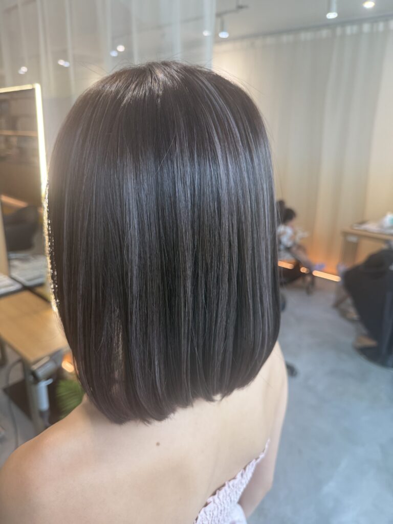 Ash Violet Bob Hair Color | Japanese Hair Salon Singapore 1 Ash violet bob haircut with smooth inward shape using plex hair color at Japanese Hair Salon Singapore