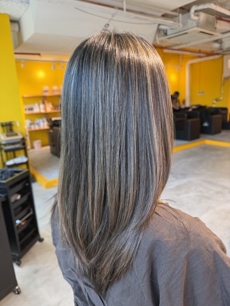 grey blending highlights long hair Singapore beige highlights Japanese hair salon Singapore Clarke Quay Chinatown low damage plex color long layered haircut