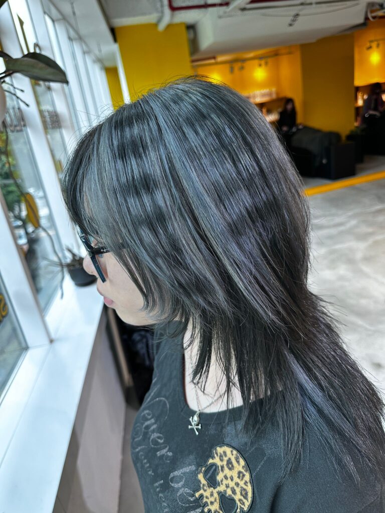 Grey & Black Stripe Design | Japanese Hair Salon Singapore 1 Grey and black stripe design hair color with bleach grey sections and removable black color by Creative Manager Issey at Colors Japanese Hair Salon Singapore near Clarke Quay Chinatown Singapore