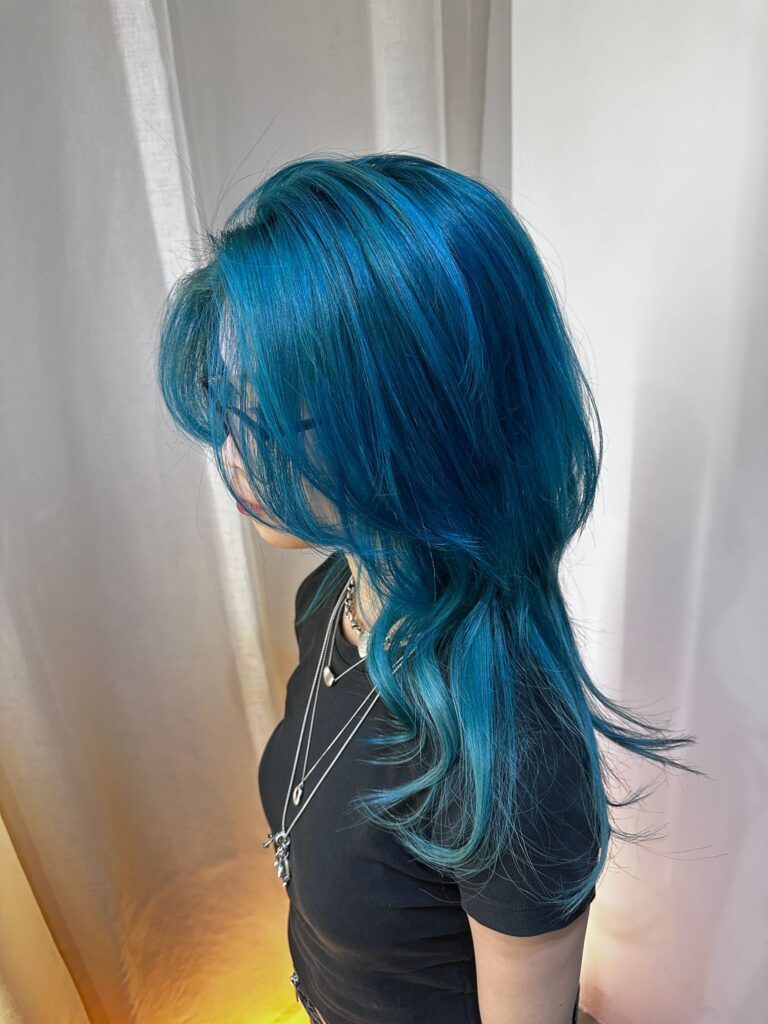 Turquoise blue long wolf haircut bleach color Japanese Hair Salon Singapore vibrant blue hair Clarke Quay Chinatown low damage plex color Singapore