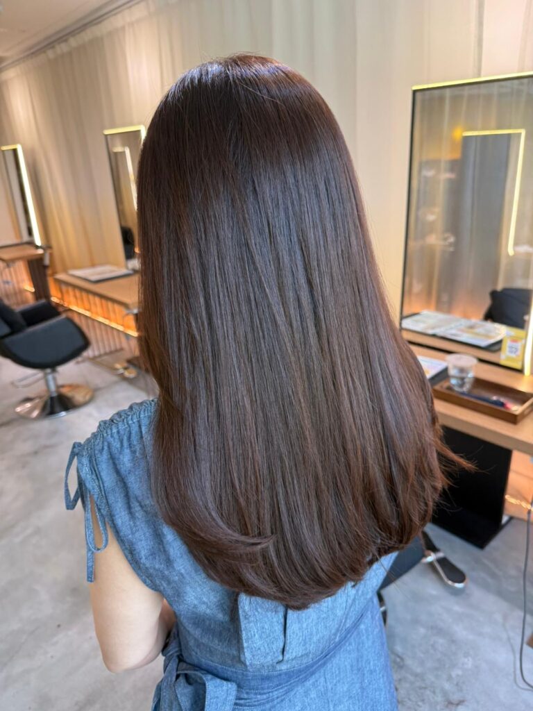 Natural brown grey coverage long hair Singapore Japanese hair color low layer haircut smooth finish anti frizz humid climate Clarke Quay Chinatown Colors Japanese Hair Salon Singapore