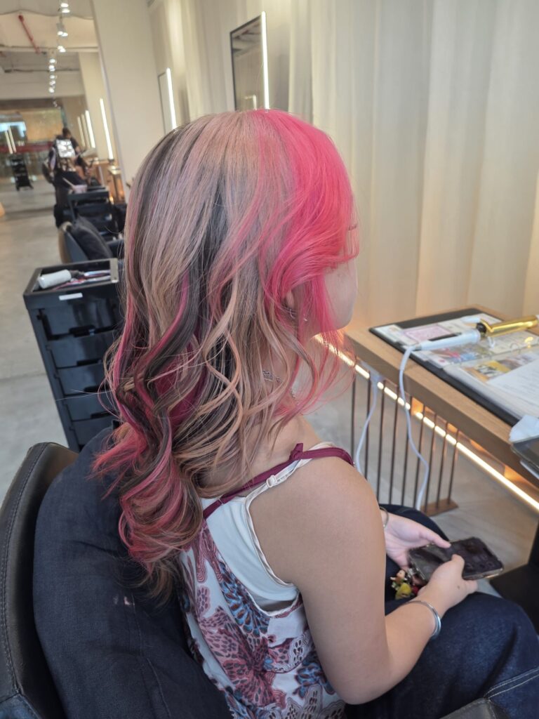 3 tone blend bleach design hair Singapore pink beige black layered curl style Japanese hair salon Singapore Colors low damage plex color Clarke Quay