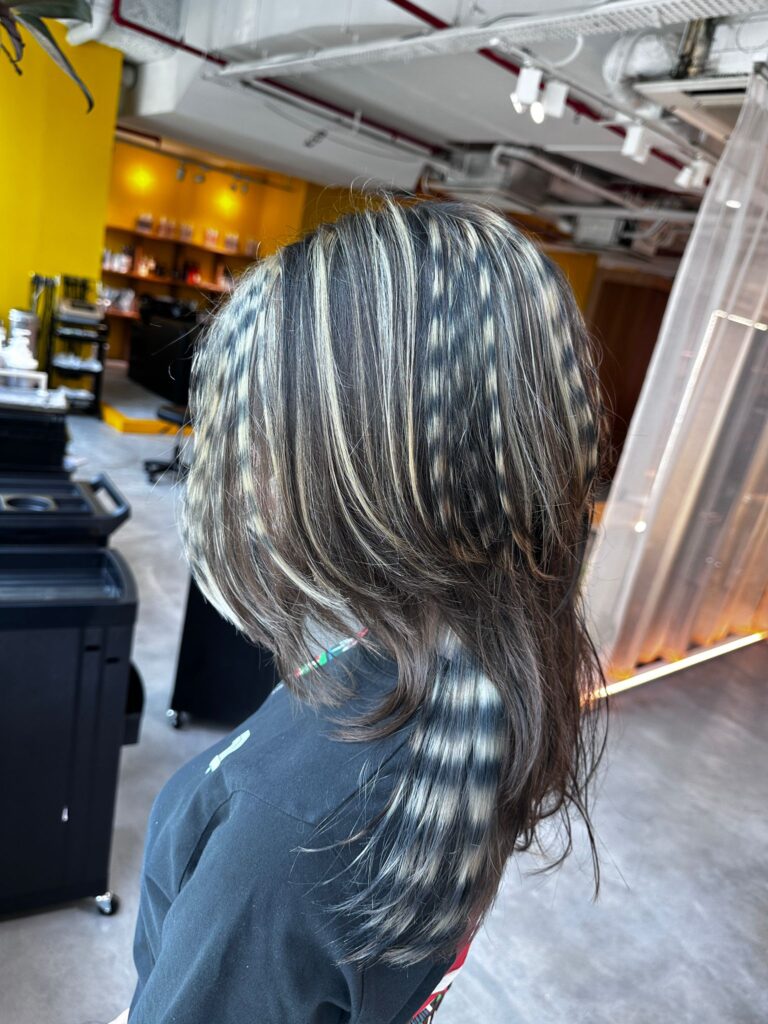 Raccoon stripe bleach design silver and black hair color Japanese hair salon Singapore Clarke Quay Chinatown low damage plex bleach unique design hair