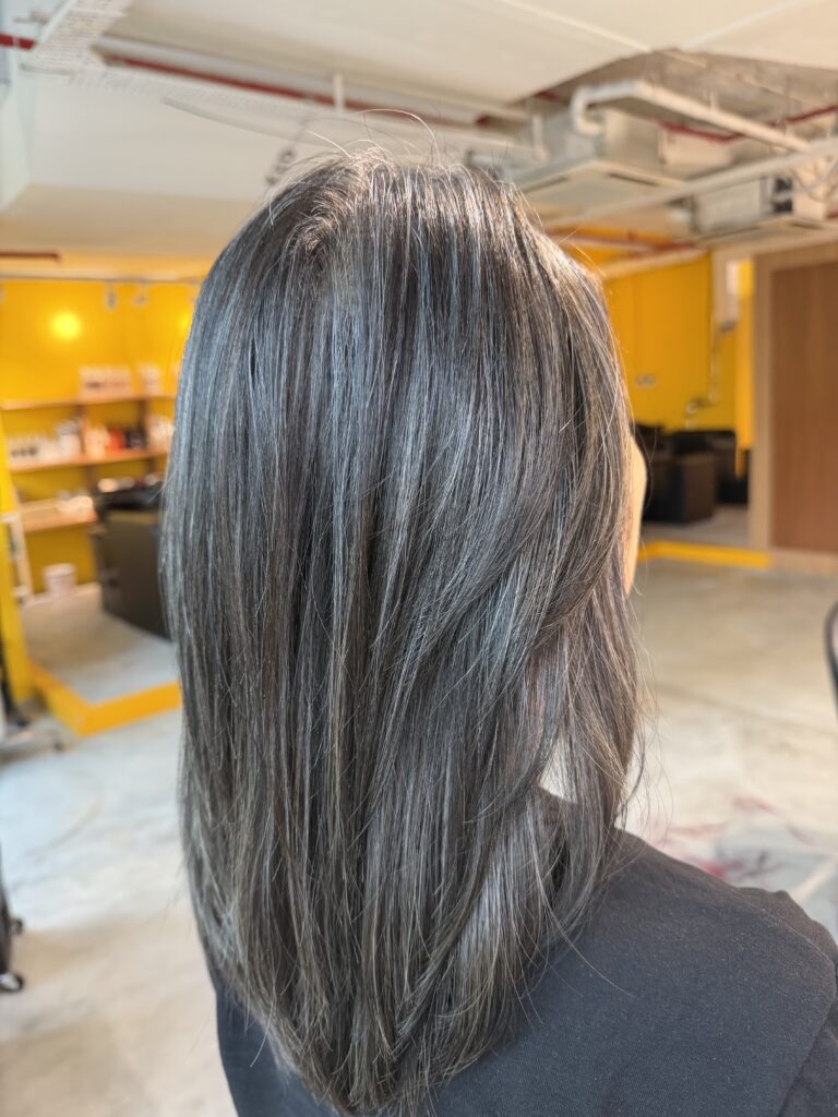 Ash Grey Blending Highlights Singapore | Natural White Hair Blending by Colorist Ura 1 ash grey blending highlights singapore low damage white hair blending japanese hair salon