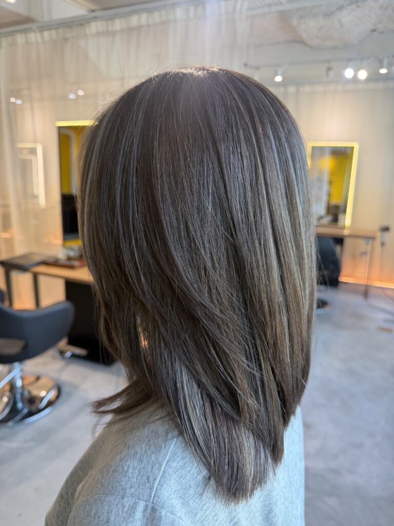 Grey blending ash hair color on medium layered hair in Singapore for softer grey coverage and low-damage maintenance at a Japanese hair salon.