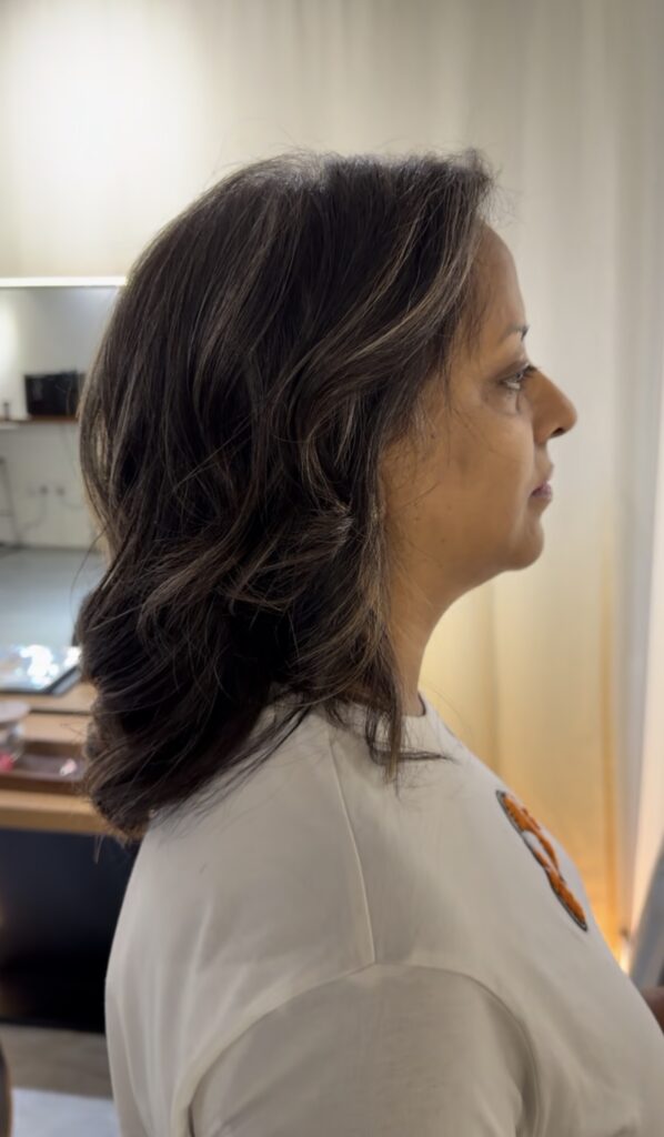 Grey Blending Medium Hair with Silver Highlights | Japanese Hair Salon Singapore 1 Grey blending medium hairstyle with natural grey hair, fine bleach highlights, and cool silver tones at a Japanese Hair Salon Singapore. A low-maintenance grey blending color finished with BYKARTE home care for healthy, shiny hair.