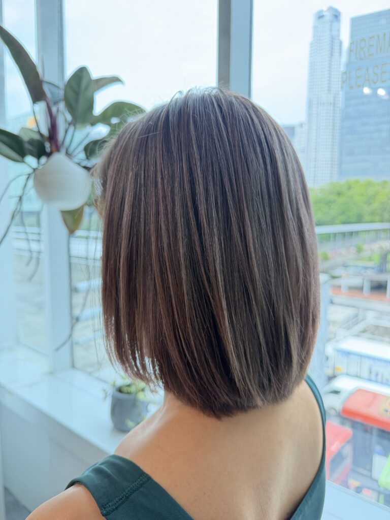 Grey Blending Correction Beige Hair Singapore | Japanese Hair Salon Singapore 1 Grey blending color correction on medium hair in Singapore, using warm beige Plex Color and HOYU BYKARTE treatment to soften an overly ashy result without additional bleach.
