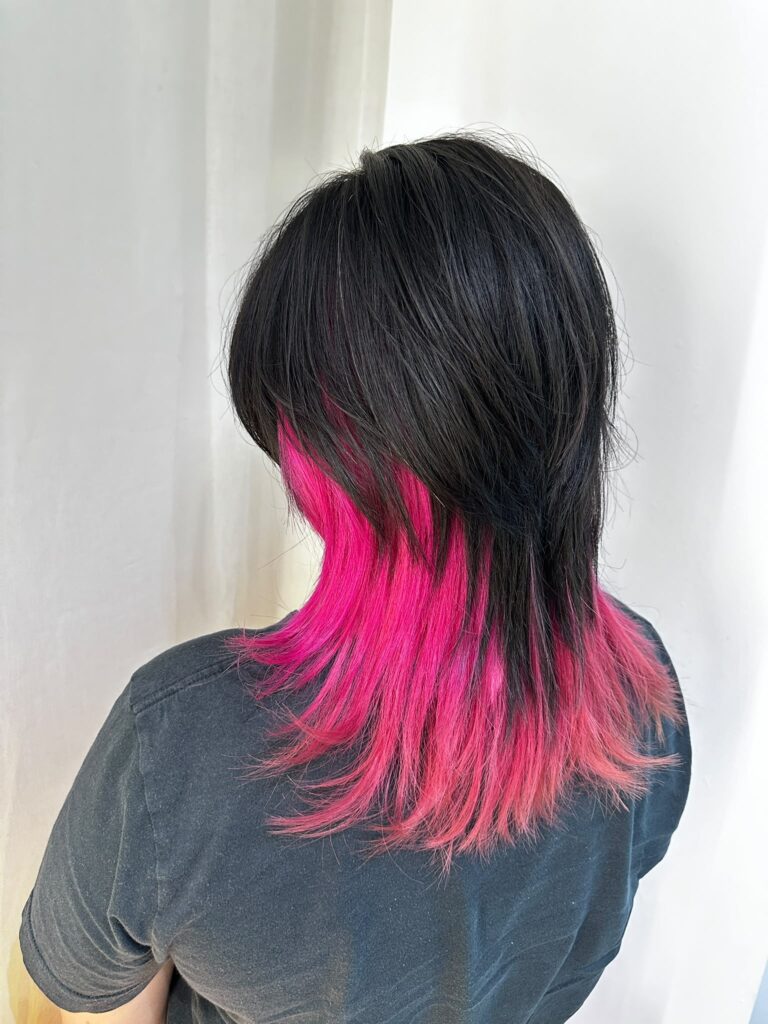 Medium Wolf Cut & Light Pink Inner Color | Japanese Hair Salon Singapore 1 Medium Wolf Cut with vibrant light pink inner bleach color at Japanese Hair Salon Singapore. Low-damage Plex bleach, hidden inner color, and easy-maintenance Japanese hairstyle.