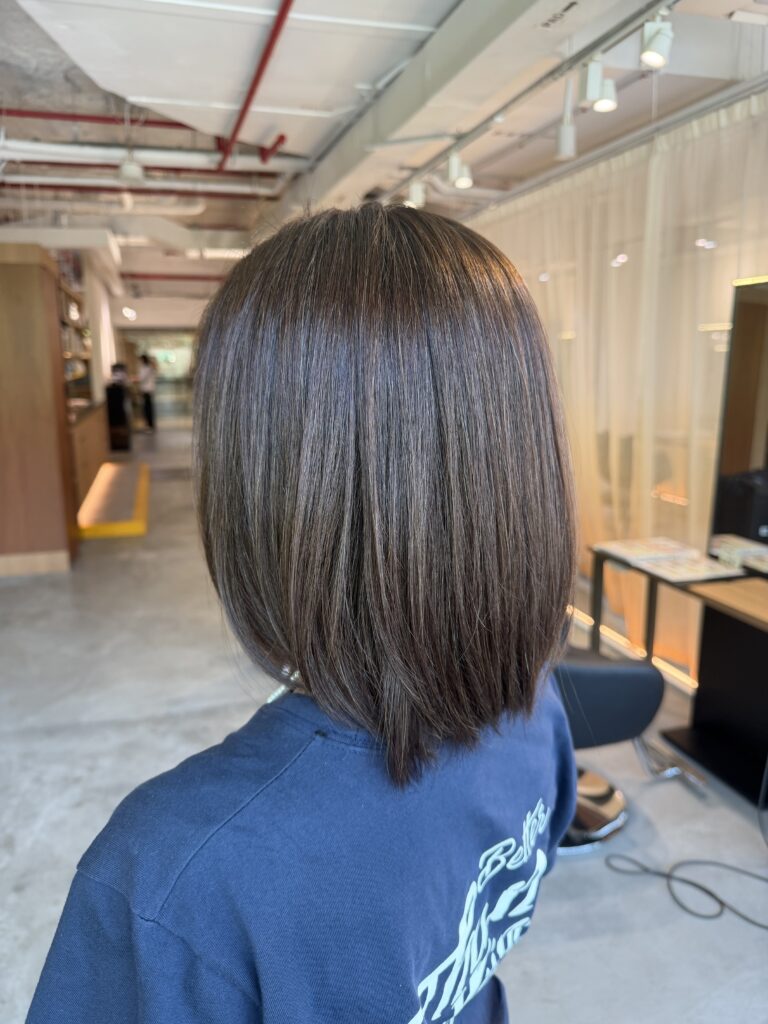 Medium Bob with Dark Ash Grey Coverage | Japanese Hair Salon Singapore 1 Medium bob with dark ash brown grey coverage color at a Japanese Hair Salon Singapore. Bright grey coverage using Plex Color, paired with a neat medium bob, scalp cleansing spa, and optional keratin treatment for smoother, healthier hair.