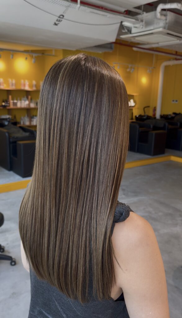 Mint Brown Fine Highlights for Long Hair in Singapore 1 Long heavy haircut without layers, finished in mint brown with fine bleach highlights and Plex-supported color for a smooth, manageable and glossy look at a Japanese hair salon in Singapore.