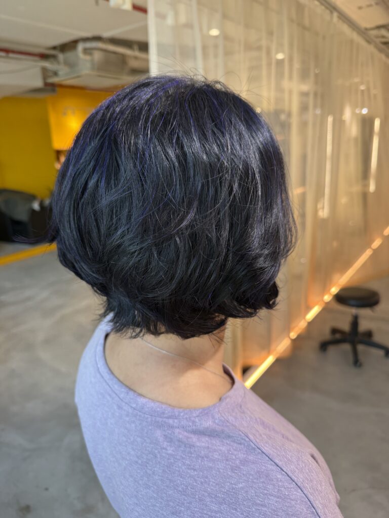 Blue Grey Coverage Short Bob Perm in Singapore 1 Short bob perm with soft volume, blue grey coverage color and scalp cleansing spa at a Japanese hair salon in Singapore.