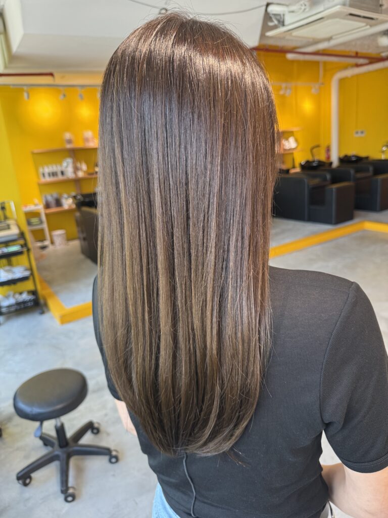Glossy Beige Brown Plex Color for Long Hair in Singapore 1 Long heavy-style hair with glossy beige brown Plex color and scalp cleansing spa at a Japanese hair salon in Singapore.
