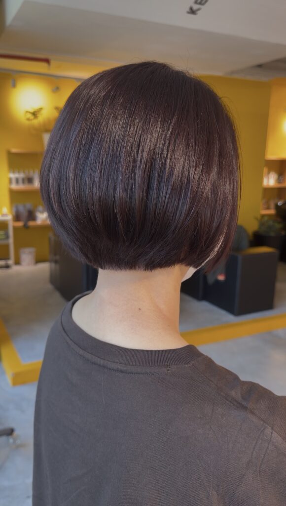 Plum Brown Grey Coverage for a Graduation Bob in Singapore 1 Short graduation bob with plum brown grey coverage and glossy finish in Singapore