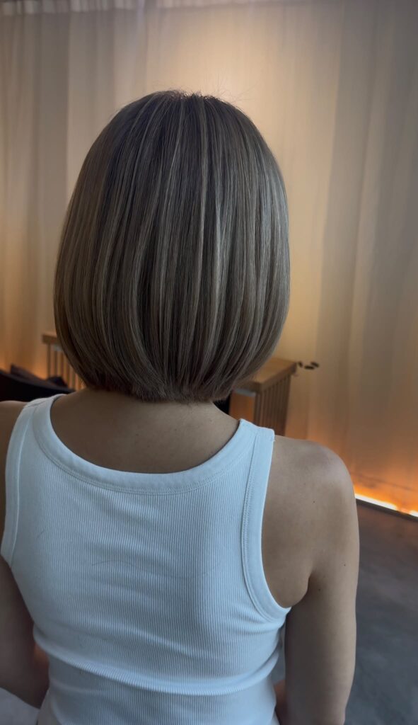 Singapore bleach-damaged hair repair with BYKARTE treatment, beige blonde Plex Color, and a clean bob haircut by Stylist Sylvia and Japanese Colorist Ura.