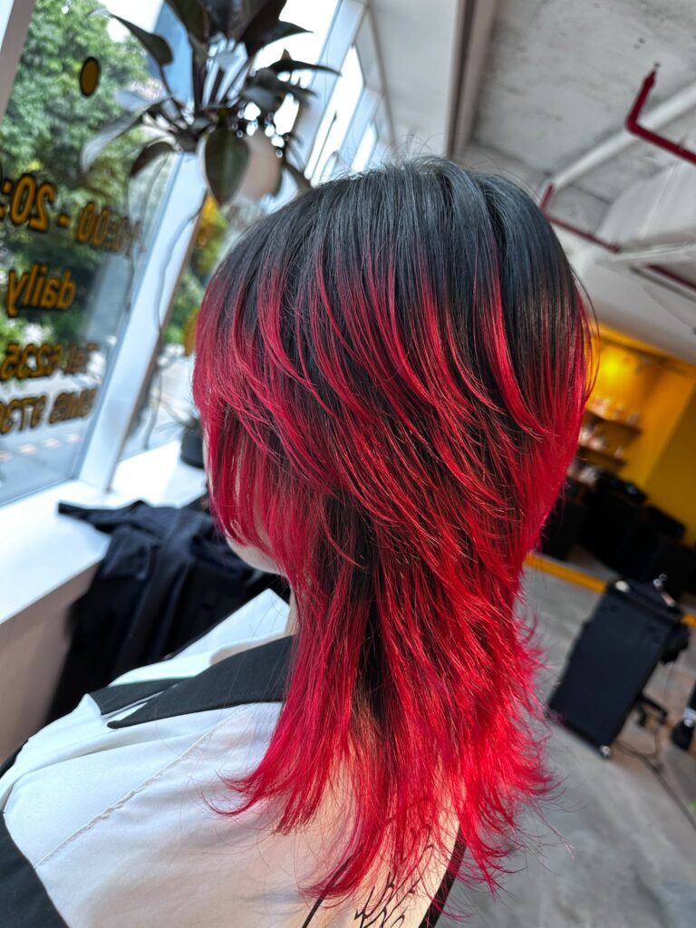 Singapore Red Dip Dye | Long Wolf Cut & Plex Bleach 1 Singapore Red Dip Dye with vivid red mid-lengths and ends, natural dark roots, long high-layer wolf cut, and Plex Bleach for lower-damage creative color.