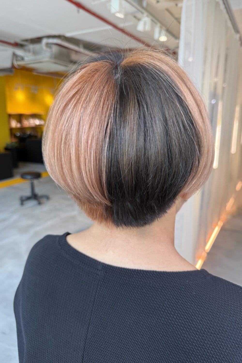 Half blonde copper and dark brown short bob grey blending color at Colors Japanese Hair Salon Singapore near Clarke Quay with plex bleach and Japanese haircut techniques