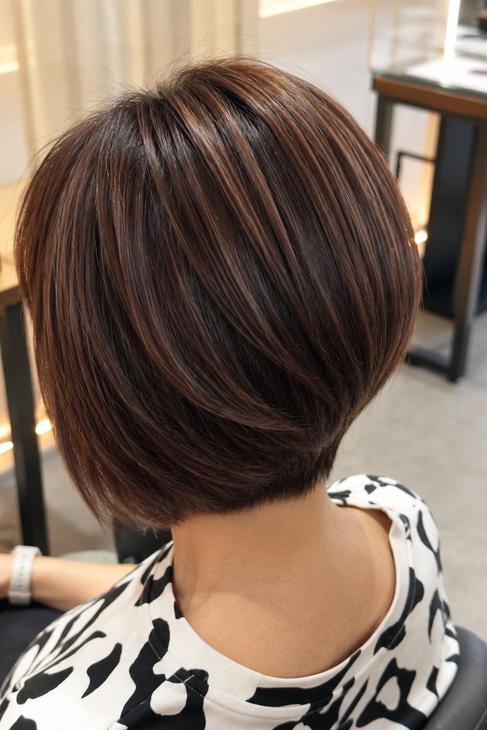 Short bob graduation haircut with beige highlights and dark brown base color. Low-damage Plex highlights create natural shine and dimension at a Japanese Hair Salon Singapore near Clarke Quay and Chinatown.
