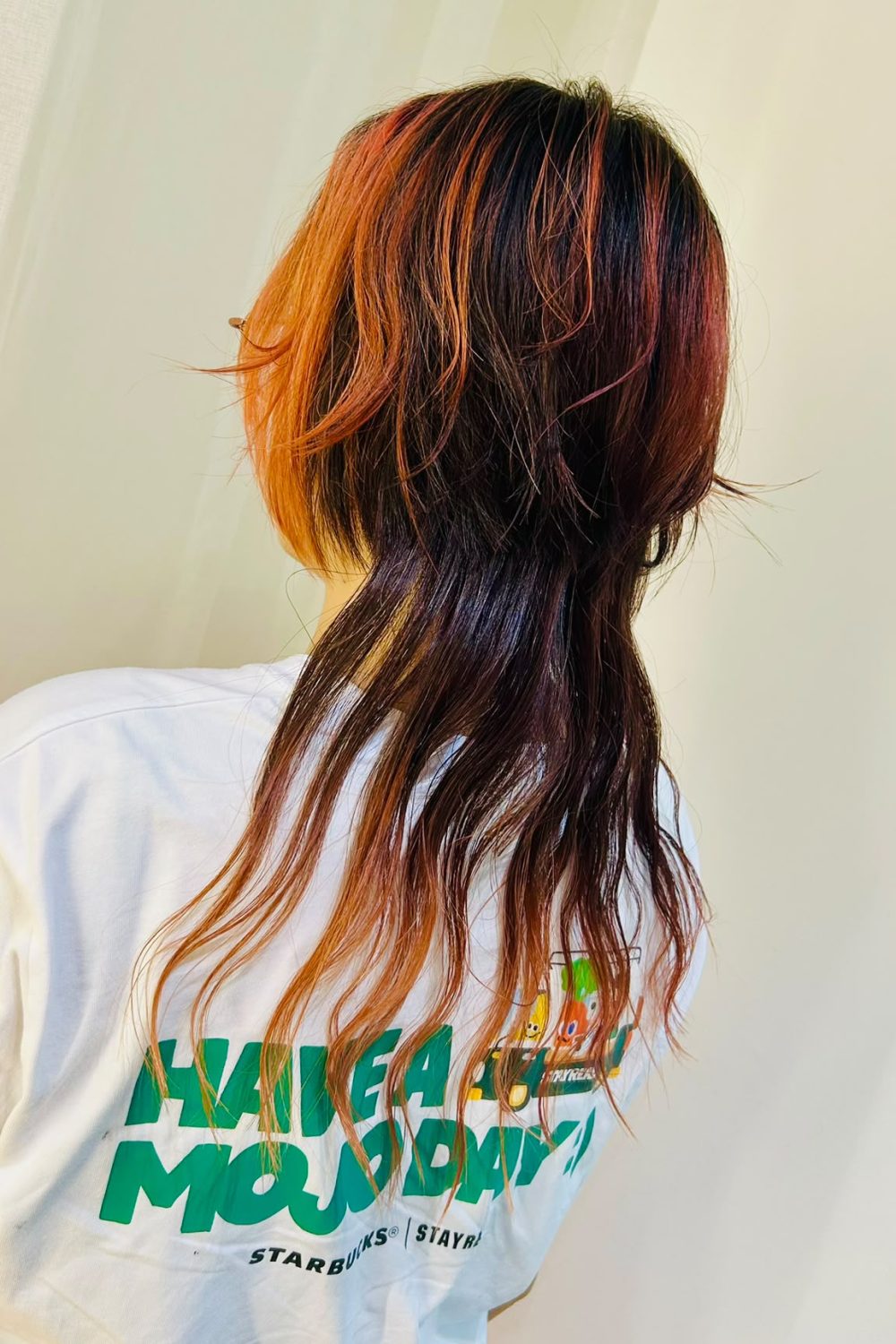 Japanese Jellyfish Cut with vivid orange design color, high layered haircut, low damage bleach, creative hair color at Japanese Hair Salon Singapore