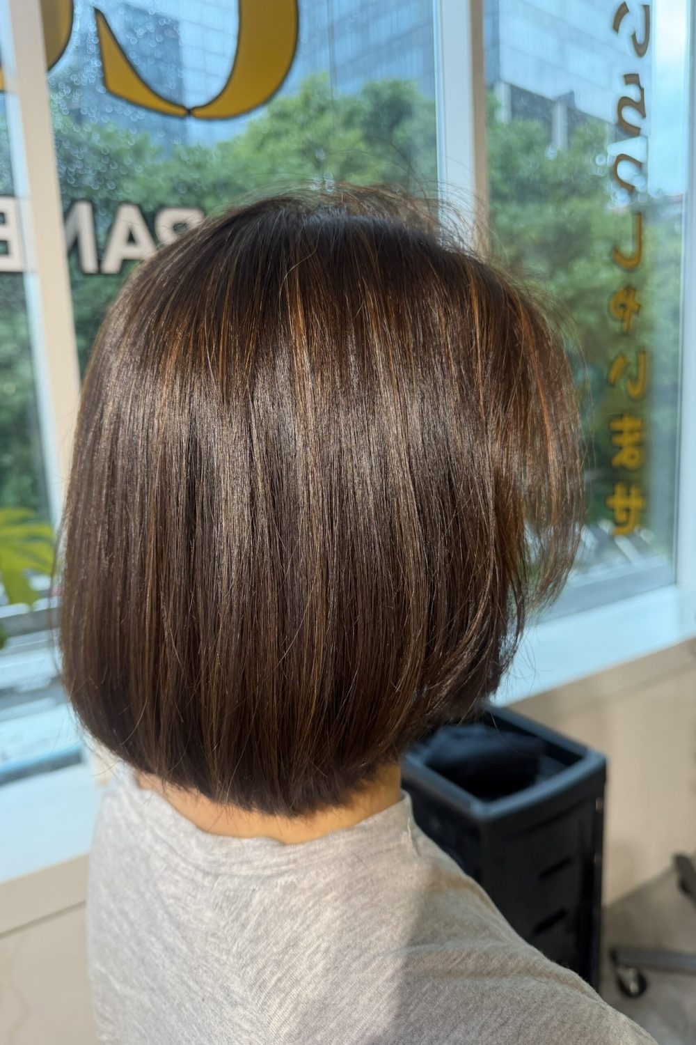 Chestnut brown highlights without bleach on a graduated one-length bob at Japanese Hair Salon Singapore. Low-damage Plex color with soft dimension and natural shine.