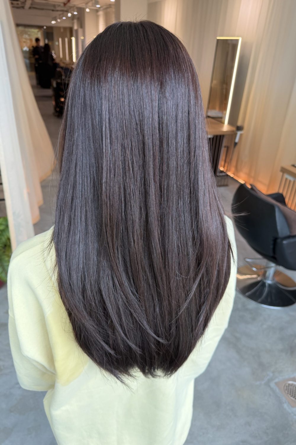 Long hair with minimal layers and glossy plum brown Plex color, finished with a rich red-brown tone for an autumn-inspired look in Singapore