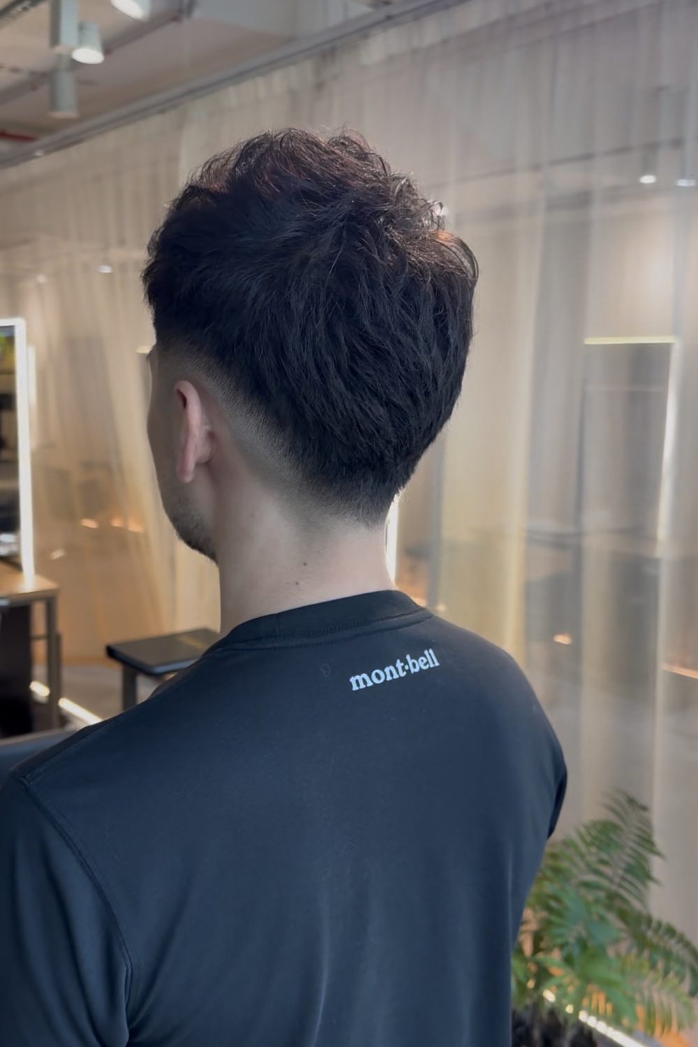 Men’s short fade haircut with level 5 full grey coverage using ammonia-free hair color at a Japanese hair salon in Singapore.