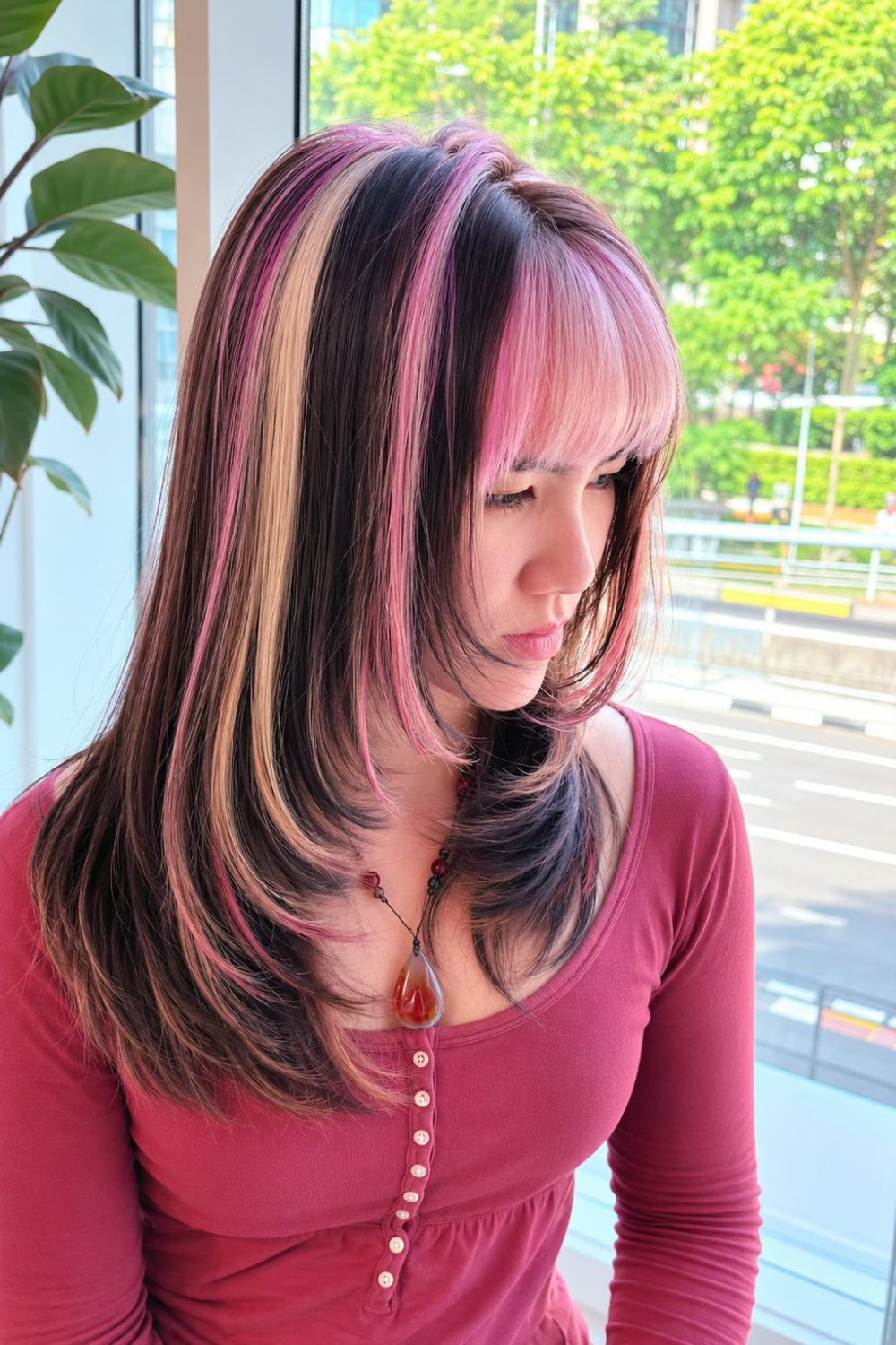 Pink Blonde Black Design Hair Color Singapore with Face Layers | Japanese Hair Salon Singapore